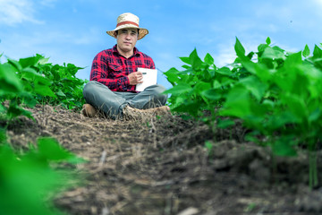 Naklejka na ściany i meble Farmer holding pen and book sitting at his field