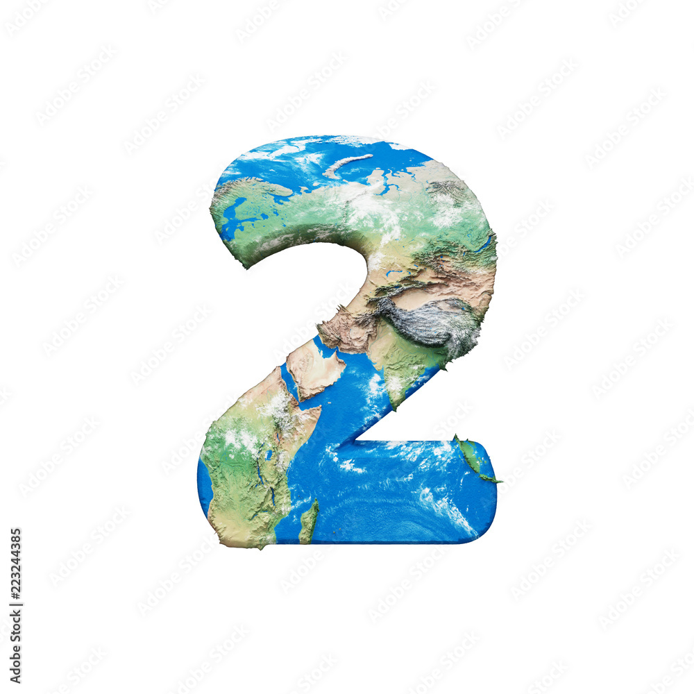 Fototapete World earth globe alphabet number 2. Global worldwide font with NASA map. 3D render isolated on white background.