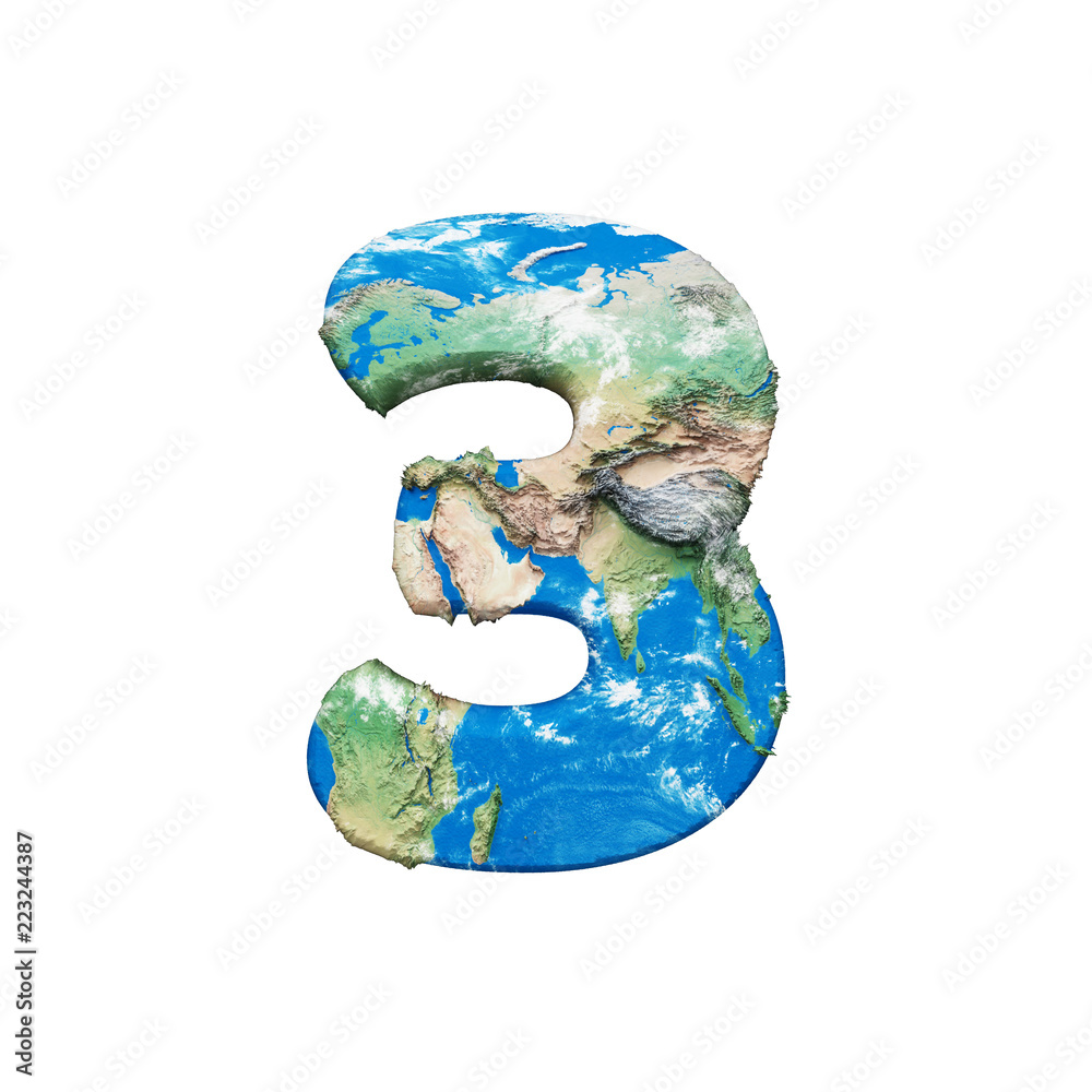 Fototapete world earth globe alphabet number 3. global worldwide font with nasa map. 3d render isolated on whit
