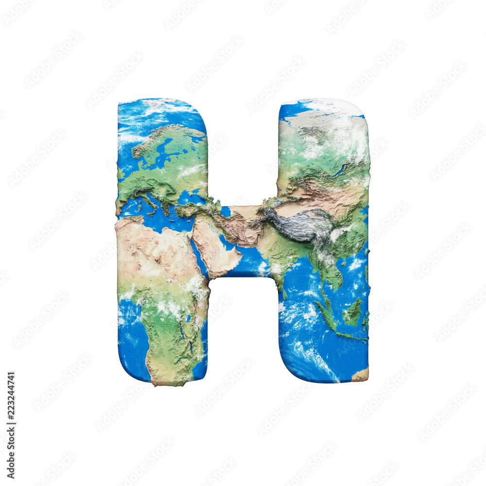 Fototapete world earth globe alphabet letter h uppercase. global worldwide font with nasa map. 3d render isolat