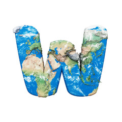 World earth globe alphabet letter W uppercase. Global worldwide font with NASA map. 3D render isolated on white background.