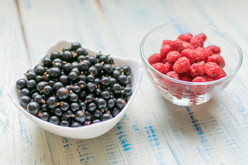 Berries of raspberries and black currants. Fresh summer berries in plates.