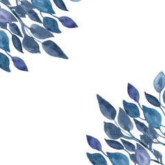 Watercolor composition, painted blue branches and leaves.