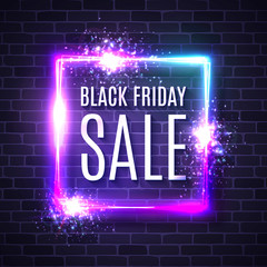Black friday shopping web banner. Modern neon blue and purple billboard on brick wall. Advertising seasonal offer concept with glowing neon text. Black friday sale design. Bright vector illustration.