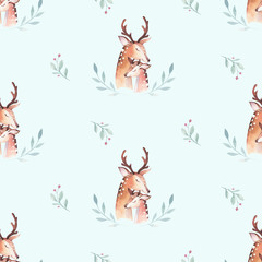 Cute watercolor baby deer animal seamless pattern, nursery isolated illustration for children clothing, patterns. Watercolor Hand drawn boho image Perfect for phone cases design, nursery posters