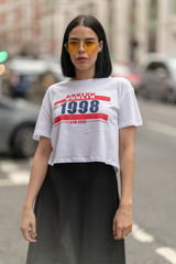 Portrait of brunette girl  and brooklyn 1998 t shirt