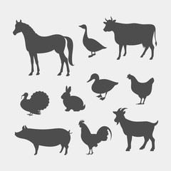 Farm animals silhouettes. Horse, cow, pig, goat, rabbit, goose, chicken, duck, rooster, turkey vector silhouettes