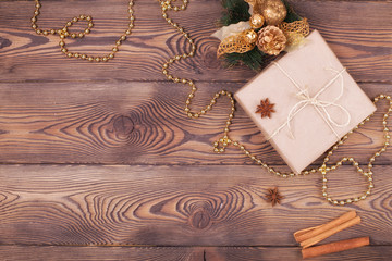 Christmas and New Year holiday background. Christmas decor on a wooden table. Top view, copy space