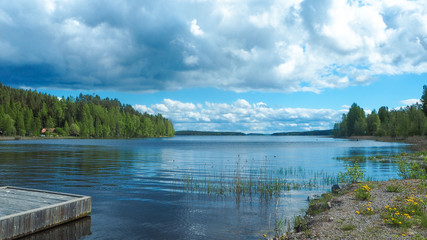 view of päijänne lake in summer with trees, landing stage and flowers © iris