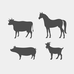 Goat, pig, horse, cow vector silhouettes. Farm animals silhouettes