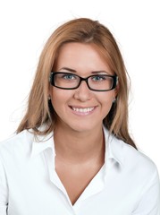 Young attractive business woman in suit isolated on white