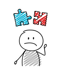 Stickman with sad facial expression holiding puzzle icon - success concept icon. Vector.