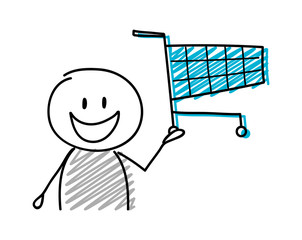 Stickman with happy facial expression holiding shopping cart icon. Vector. © Karolina Madej
