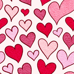 Seamless pattern with hearts of different sizes. Imitation of the texture of a fabric. Design for fabric and wrapping.