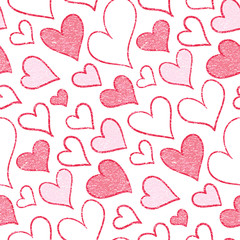 Seamless pattern with hearts of different sizes. Imitation of the texture of a fabric. Design for fabric and wrapping.