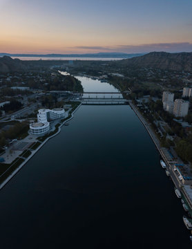 The river divides the city. Shot on drone. Mingecevir city. Azerbaycan bolgeleri
