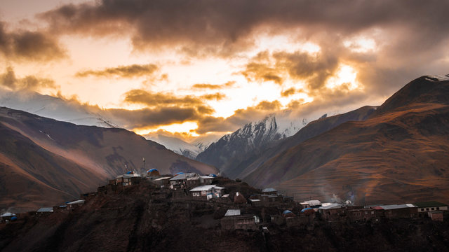 the village on top of a mountain. Sunrise and sunset. Khinalig village. Xinaliq kendi