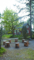 Naklejka premium 8 wooden stools outside in the forest next to a house