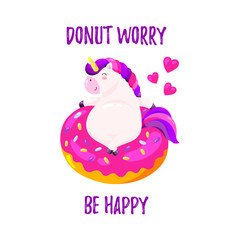 Cute cartoon vector unicorn with donut. Template for postcard, design for T-shirt