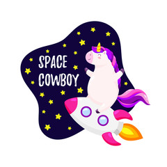 Cute vector illustration with unicorn astronaut. Template for design of T-shirt, postcard, banner