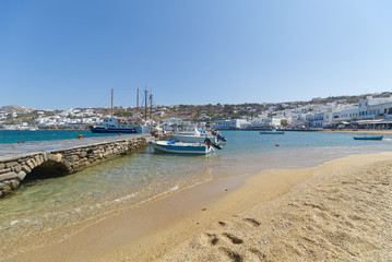 Fototapeta na wymiar Chora village ( Beach and harbor ) - Mykonos Cyclades island - Aegean sea - Greece
