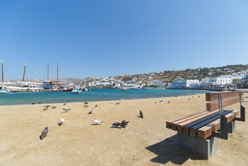 Fototapeta na wymiar Chora village ( Beach and harbor ) - Mykonos Cyclades island - Aegean sea - Greece