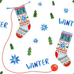 Hand drawn watercolor seamless pattern. Knitted socks with nordic scandinavian pattern. Winter background with snowflakes and fir trees. No tracing. - 223254591