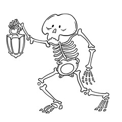 Funny scary skeleton with lantern. Halloween vector illustration. Cartoon character. - 223254915