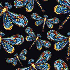Naklejka premium Dragonfly seamless pattern. Dragonfly background. Creative background with insect. Vector illustration. Wallpaper for textile and fabric. Fashion style. Colorful bright