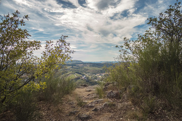 Look from hill cliff in Germany with dramatic sky horizon