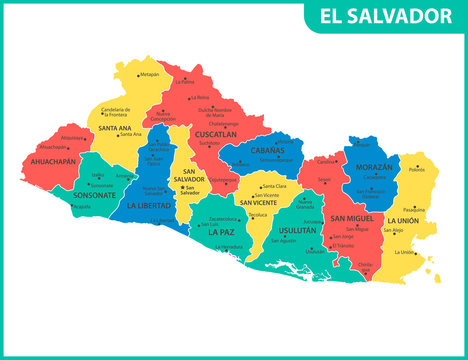 The detailed map of El Salvador with regions or states and cities, capital. Administrative division.