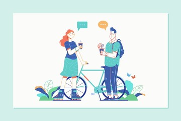 Romantic couple spending time or relaxing together-drinking coffee and walking