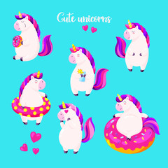 Set of funny cartoon magic unicorns. Patch, badge sticker. Collection of icons, pattern for clothes, t-shirts, print, web design, postcards. Vector doodle illustration with cartoon comic characters