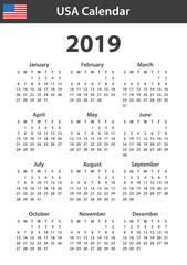 USA Calendar for 2019. Scheduler, agenda or diary template. Week starts on Sunday