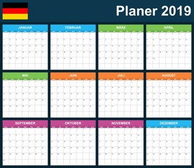 German Planner blank for 2019. Scheduler, agenda or diary template. Week starts on Monday