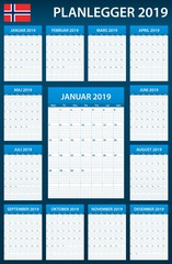 Norwegian Planner blank for 2019. Scheduler, agenda or diary template. Week starts on Monday