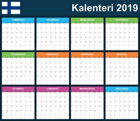 Finnish Planner blank for 2019. Scheduler, agenda or diary template. Week starts on Monday