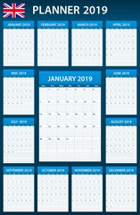 UK Planner blank for 2019. English Scheduler, agenda or diary template. Week starts on Monday