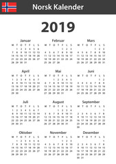 Norwegian Calendar for 2019. Scheduler, agenda or diary template. Week starts on Monday