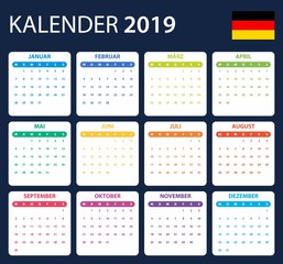 German Calendar for 2019. Scheduler, agenda or diary template. Week starts on Monday