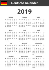 German Calendar for 2019. Scheduler, agenda or diary template. Week starts on Monday