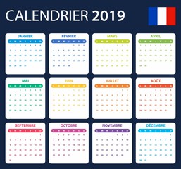 French Calendar for 2019. Scheduler, agenda or diary template. Week starts on Monday