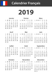French Calendar for 2019. Scheduler, agenda or diary template. Week starts on Monday