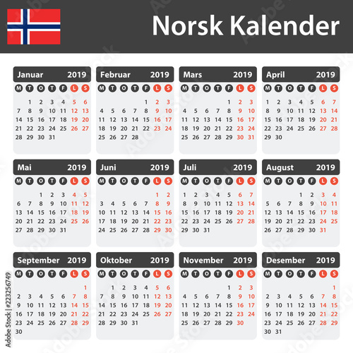 "Norwegian Calendar for 2019. Scheduler, agenda or diary template. Week