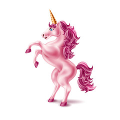 Vector realistic pink unicorn with golden horn