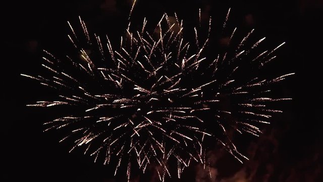Beautiful fireworks at holiday night in slow motion with copyspace at right.