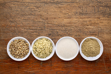 hemp seeds, hearts, milk and protein powder