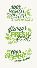 Organic Product, Made in Nature and Locally Grown Vegan logos and elements collection for food market, ecommerce, products promotion, healthy life and premium quality food and drink. Hand typography. 