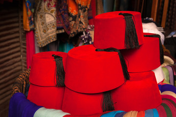 Fez hats for sale in the souq of Marrakesh, Morocco