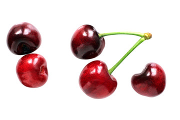 Cherry, fruit of sweets, berry isolated on white background close-up, clipping path